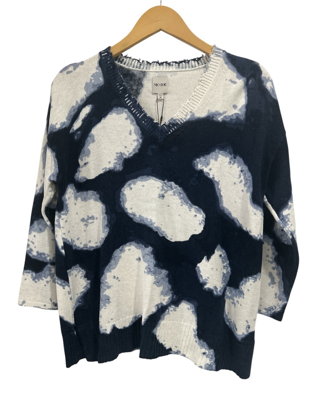 NWT NIC+ZOE V Neck Indigo Multi Tie Dye Sweater Cotton Blend Fringe Trim - M